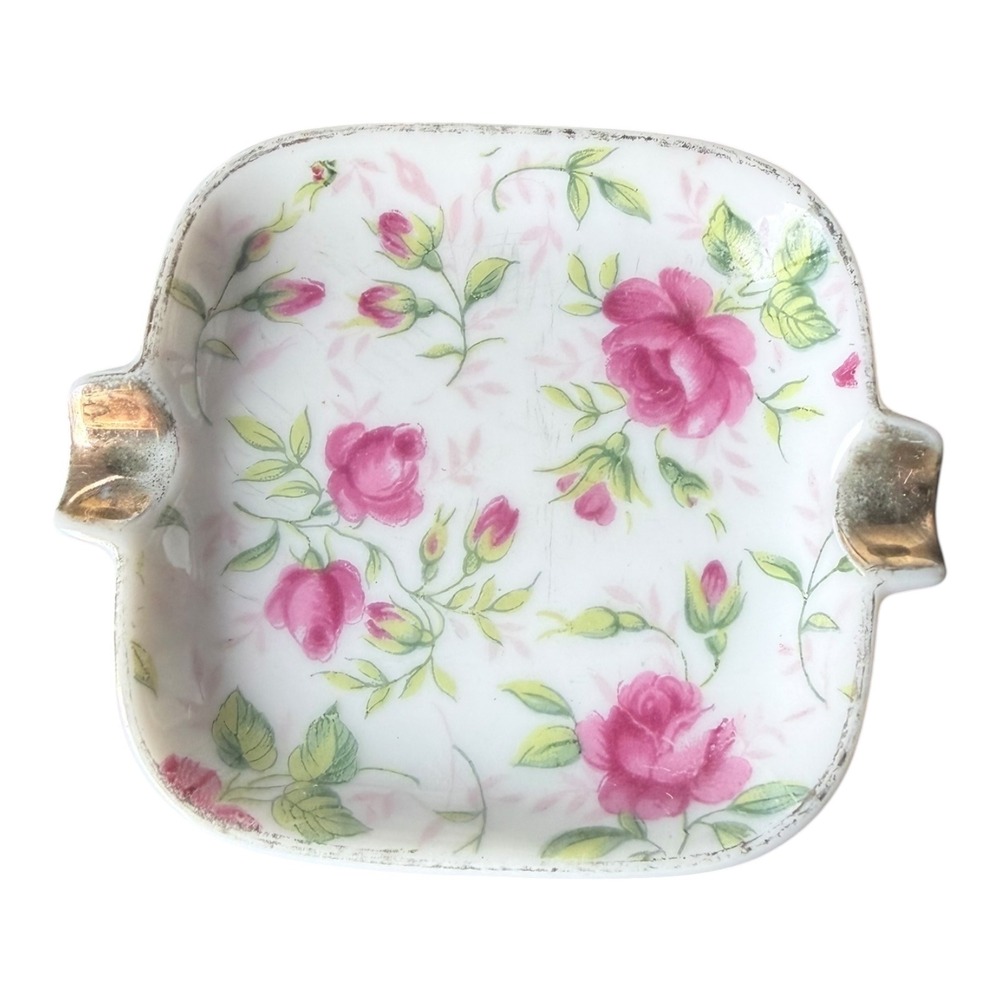 Unbranded Porcelain Ashtray Pink Rose Floral‎ Gold Trim Vtg Trinket Dish 3.5in